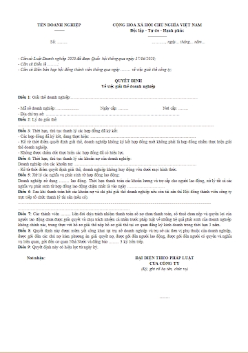 mẫu quyết định giải thể công ty có vốn đầu tư nước ngoài