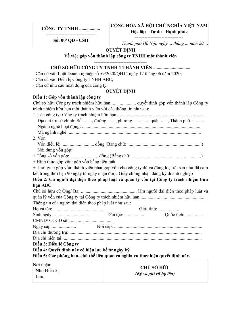 Mẫu Quyết Định Thành Lập Công Ty TNHH 1 Thành Viên