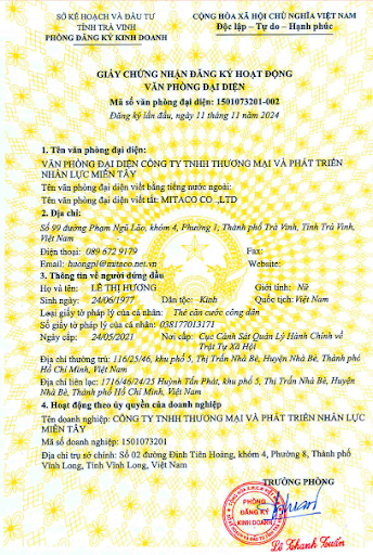 giấy chứng nhận thành lập văn phòng đại diện